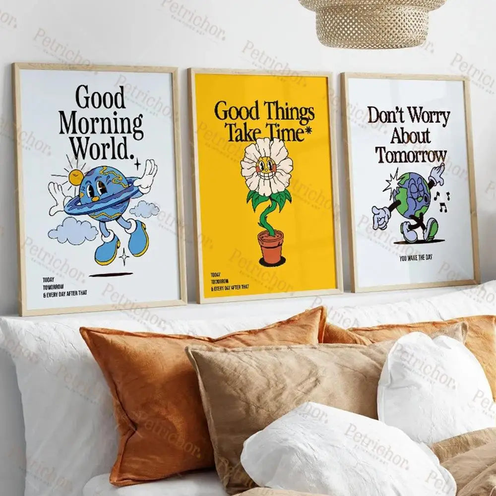 Retro Earth Flower Good Morning Motivational Quotes Gifts Wall Art Prints Canvas Painting Poster Pictures Living Room Home Decor