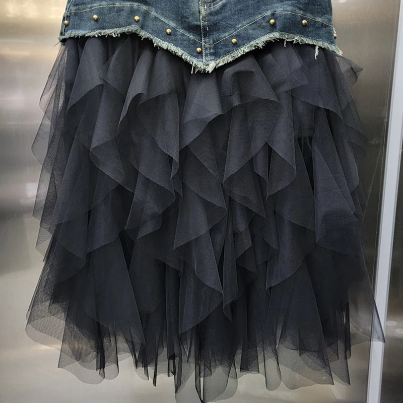 DEAT 2024 Autumn New Fashion Women's Mesh Splicing Denim Skirts High Waist A-line Irregular Long Skirt Female Trendy 33A1734