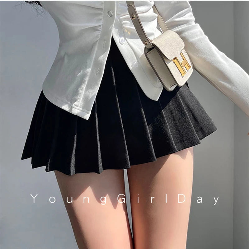 ZOKI Pleated Skirt with Shorts Women Sexy High Waist Irregular White Black A-line Gyaru Tennis extreme Mini Skirt School