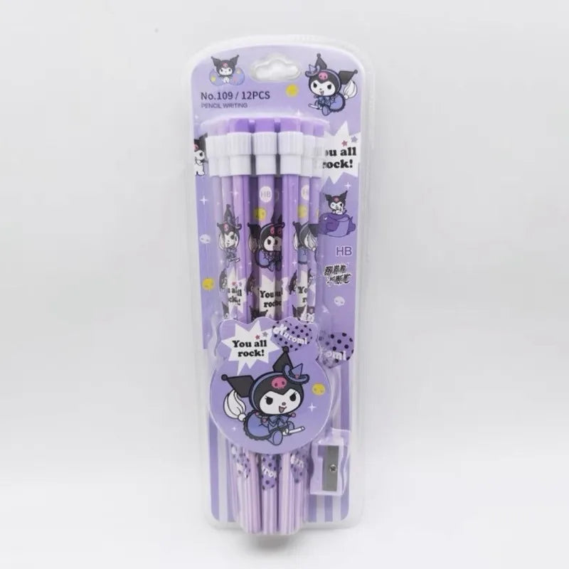 Sanrio HB Pencil Set – 12 Cute Cinnamoroll & Kuromi Pencils + 1 Roller Box for Writing & Drawing Fun