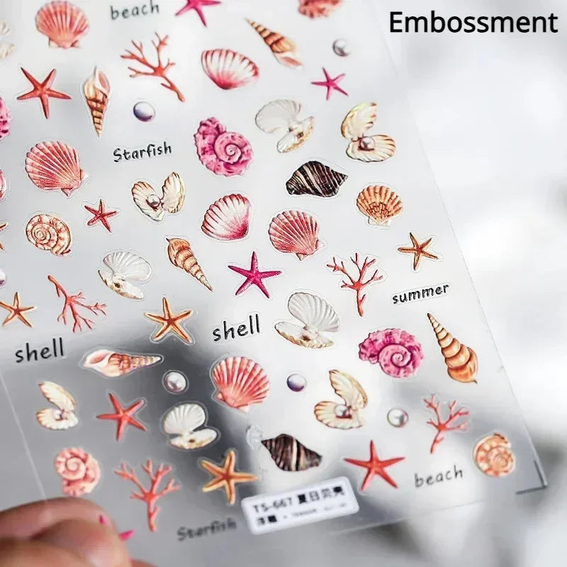 Colorful & Fun Beach Bloom Nail Art – 5D Stickers with Coral, Petals & Ocean Charms