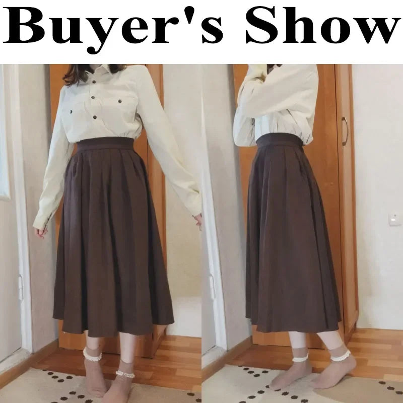 Xpqbb Korean Style Women's Midi Skirt 2025 Autumn High-Waisted Corduroy Long Skirt Women College Style Pleated A-Line Skirts