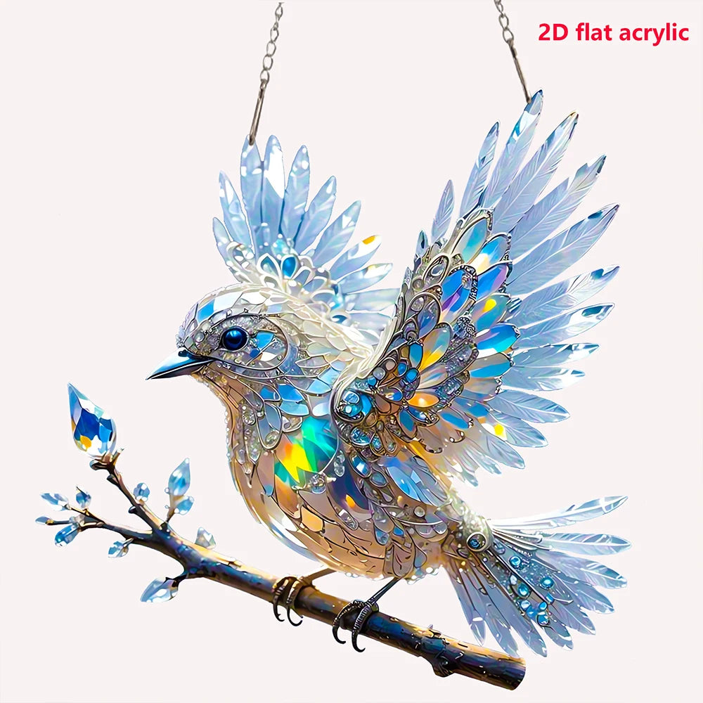 2D Pretty Bird Stained Window Hanging, Bird Art Pendant For Kitchen Livingroom Office, Halloween Fall Animal Lover Wreath Sign
