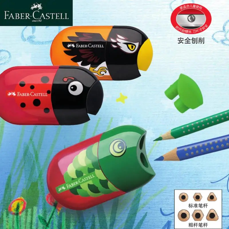 Faber-Castell Double-Hole Sharpener with Eraser – Cute Ladybug, Fish & Eagle Designs for Back-to-School Stationery Fans