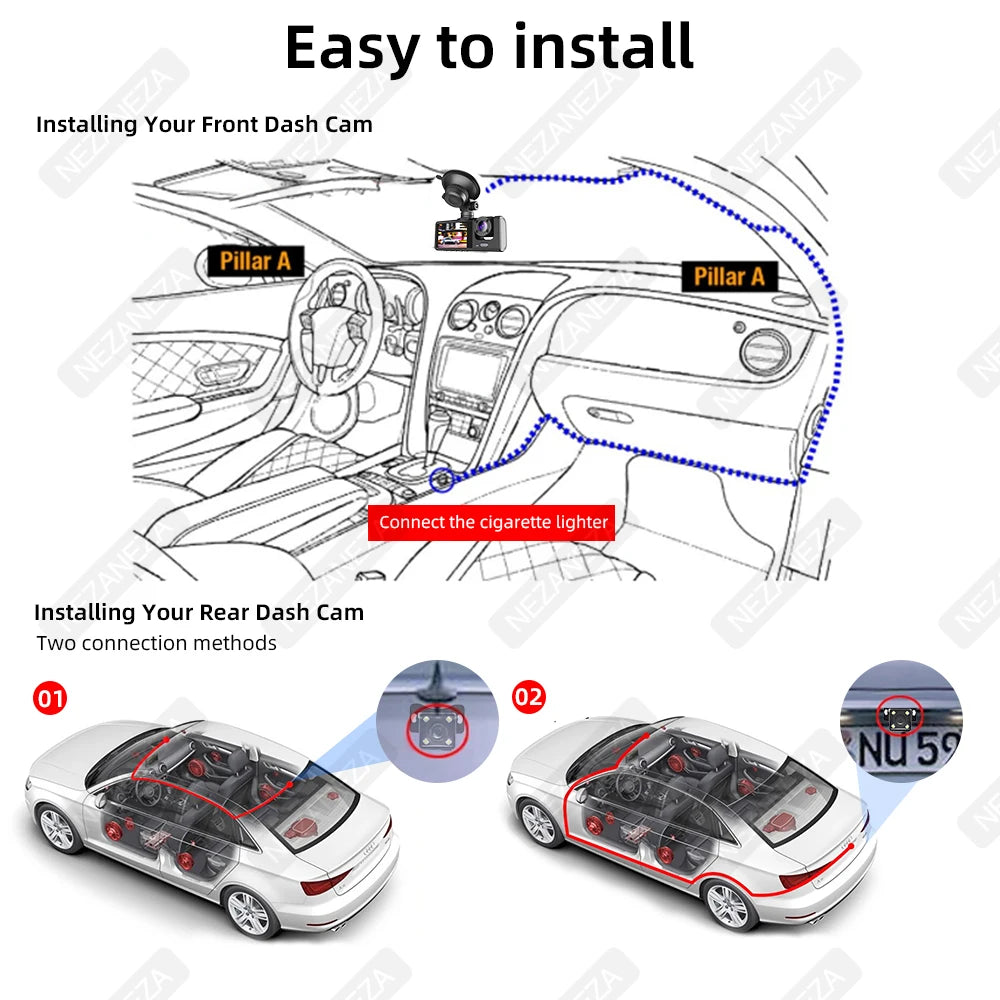 1080P DVR Car Recorder HD 3-Lens Inside Infrared Night Vision 3 Cameras Gravity Sensor Universal IPS Safe Driving Video Recorder