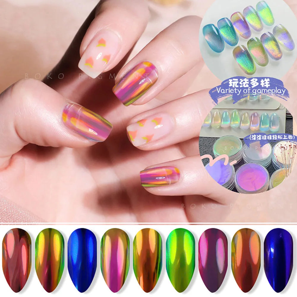 Aurora Holographic Nail Art Powder – Chrome Mirror Effect Glitter for UV/LED Nails