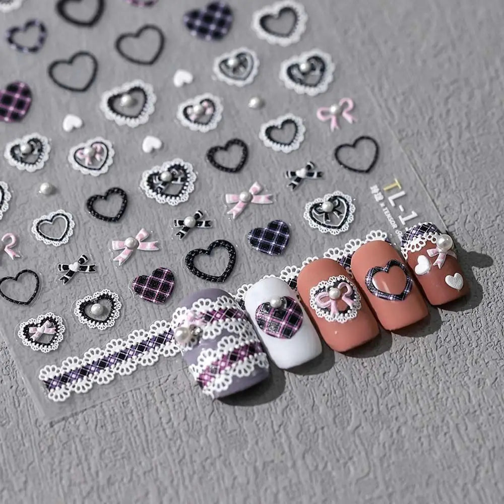 Sweetheart Bow Nail Decals – Pearl Lace Stickers in Romantic Shades