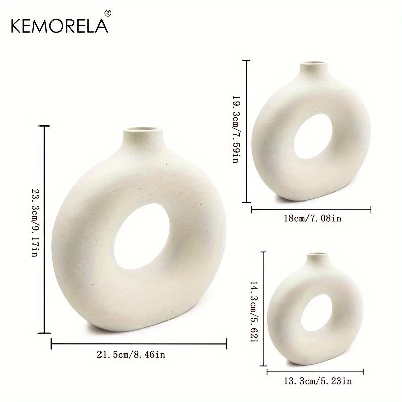 Nordic Style Ceramic Donut Shaped Vase Hollow Circular Flower Pot for Home Living Room Office Desktop Decorative Accessory Gift