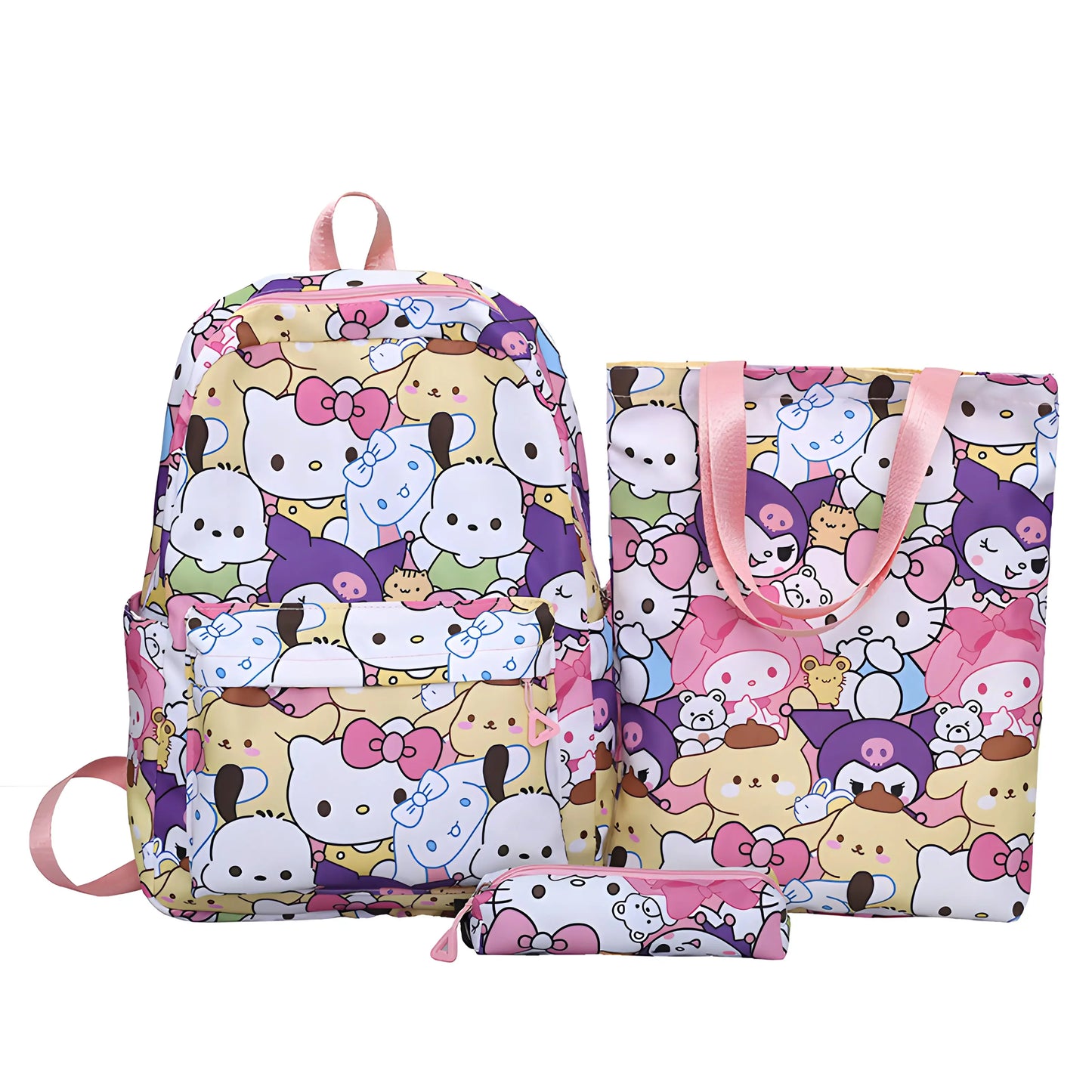 Sanrio Sweet Squad 3-Piece Set – Cinnamoroll, Hello Kitty & Kuromi Backpack + Tote + Pencil Bag for Casual & School Use