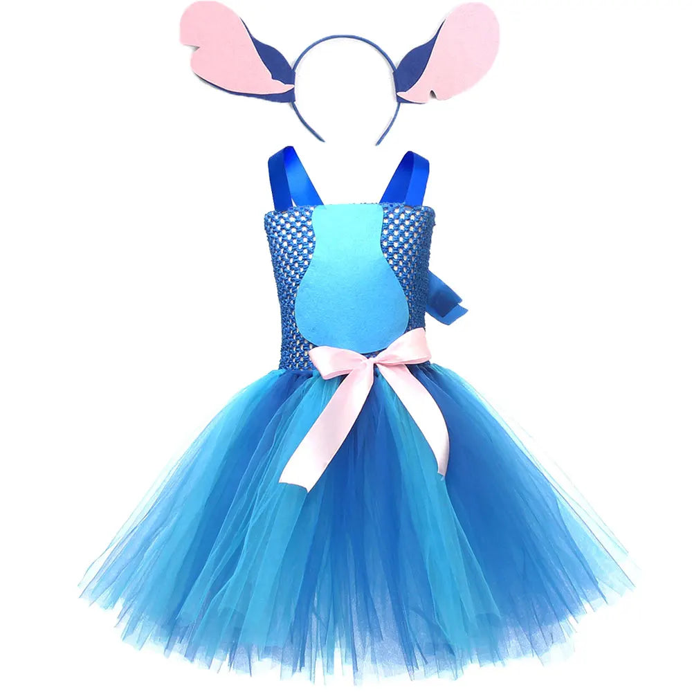 Movie Girls Alien Dog Costume Cartoon Blue Tulle Festival Dress Lilo Tutu Dress Maia Kealaha  Live-action Character Dress Up