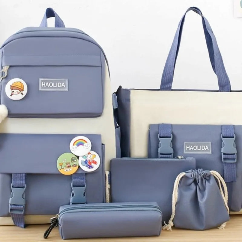 Autumn New Canvas Backpack Women's Korean Version Large Capacity Five-Piece Set Middle School Student Backpack College Student S