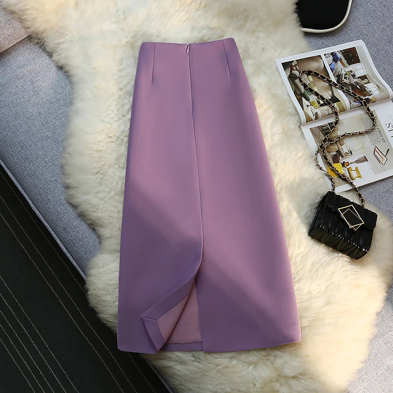Seoulish 2024 New Spring Summer Elegant Purple Formal Women's Wrap Skirts High Waist Workwear Back Zipper A-Line Skirts Female
