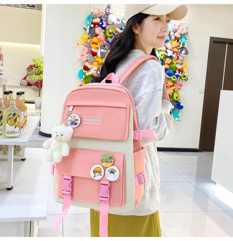 Autumn New Canvas Backpack Women's Korean Version Large Capacity Five-Piece Set Middle School Student Backpack College Student S
