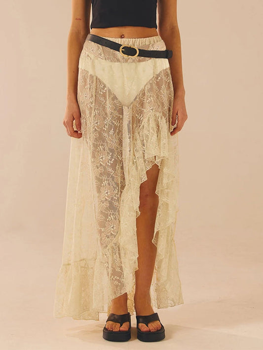 Women's Summer Lace Long Skirts Vintage High Waist Solid Color Asymmetrical Hem Ruffle Midi Skirts Flowy Skirts