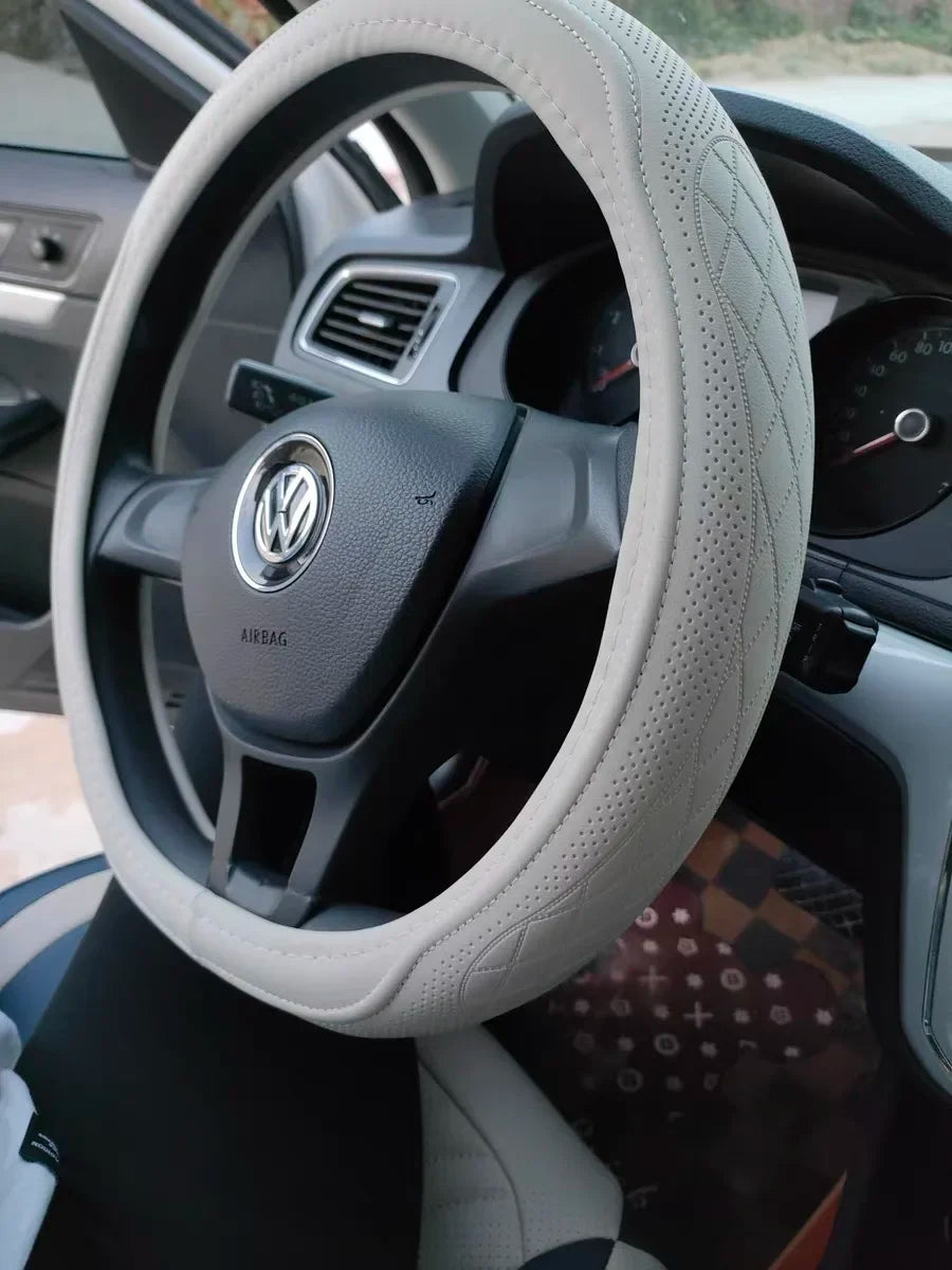 Napa Leather Perforated Patchwork Car Steering Wheel Cover, Non-slip, Breathable, Universal 15 Inch (Approx. 38cm)