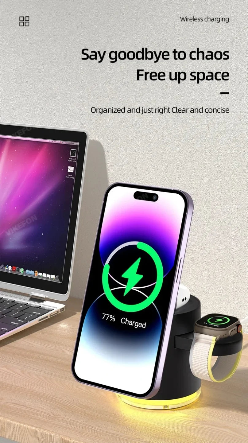 Fast Charging Dock Stand QI2 Wireless Charger Night Light 4 in 1 For Magsafe iPhone 16 15 14 Pro Max Airpods Pro 2-8 Apple Watch