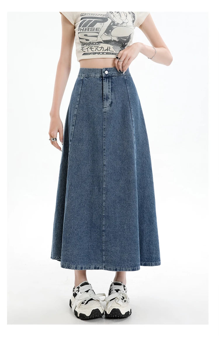 Long Denim Skirt Women 2024 Spring Summer New Arrivals High Elastic Waist A Line Jeans Skirts Korean Fashion Casual Blue Skirts