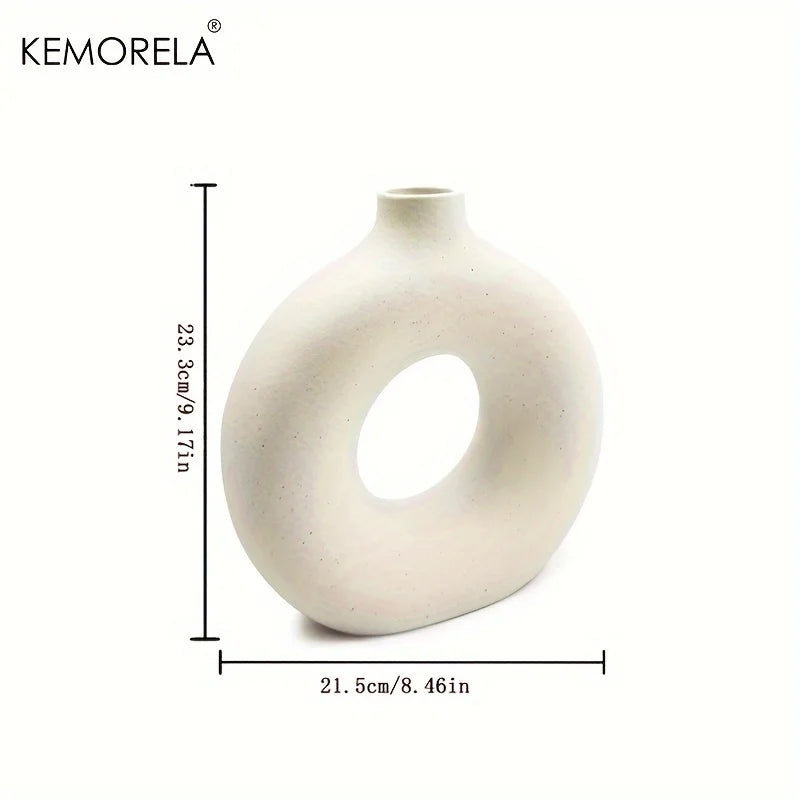 Nordic Style Ceramic Donut Shaped Vase Hollow Circular Flower Pot for Home Living Room Office Desktop Decorative Accessory Gift