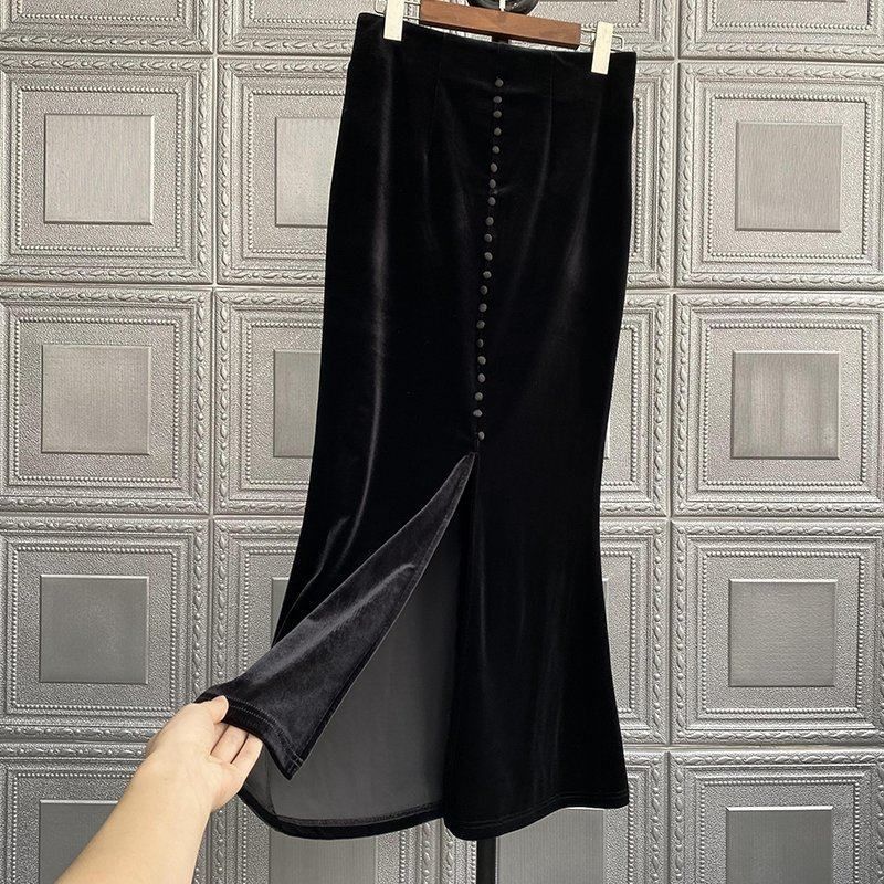 2025 Faldas Mujer De Moda Vintage Long Skirt High Waist A-line Velvet Jupe Fashion Single Breasted Long Skirts Temperament Saia