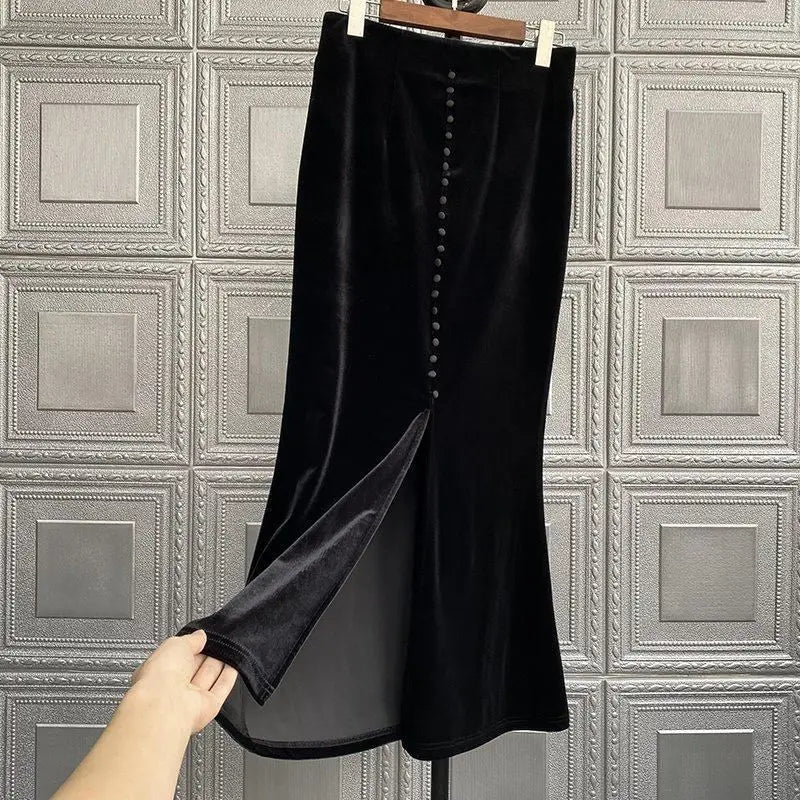 2025 Faldas Mujer De Moda Vintage Long Skirt High Waist A-line Velvet Jupe Fashion Single Breasted Long Skirts Temperament Saia