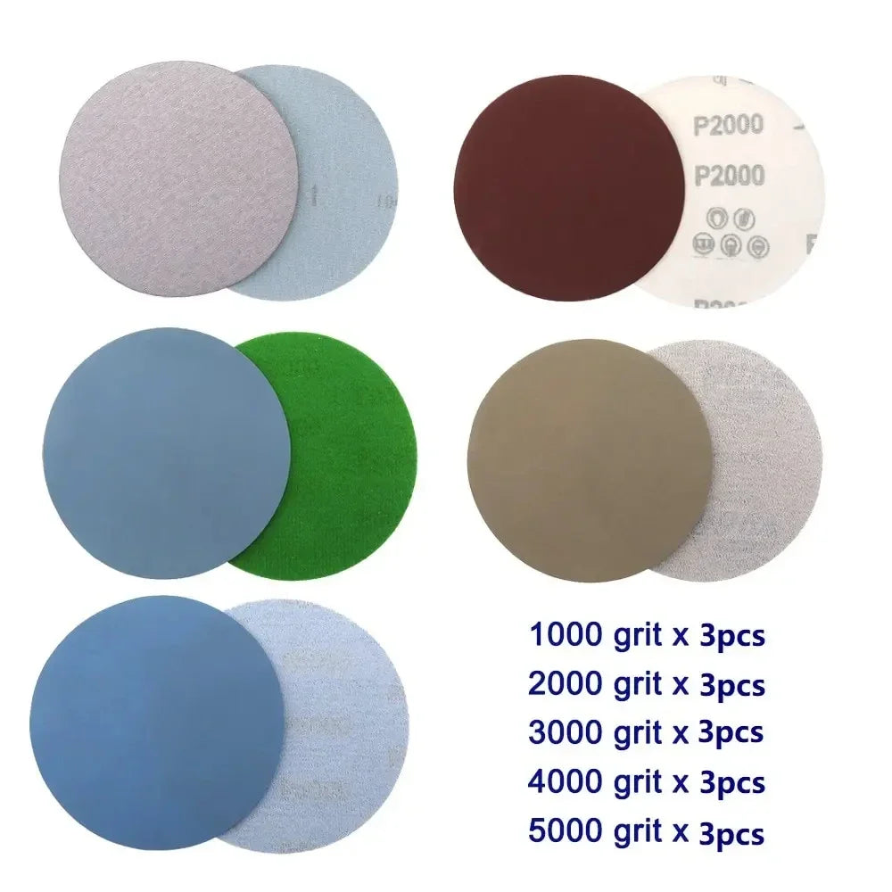 15 PCS Inches Grit 1000 2000 3000 4000 5000 Sanding Discs Hook Loop Sandpaper Round Disk