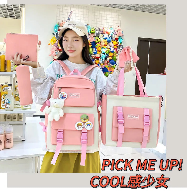 Autumn New Canvas Backpack Women's Korean Version Large Capacity Five-Piece Set Middle School Student Backpack College Student S