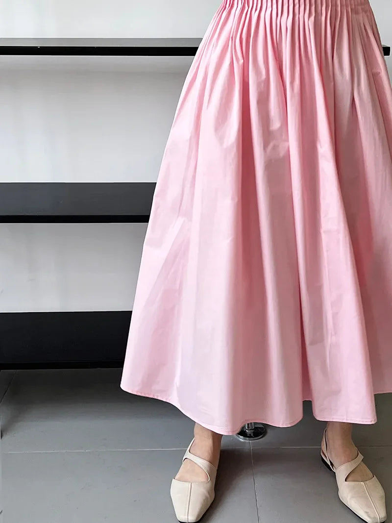 Elegant High-Waisted Pink A- Line Skirt Sweet Umbrella Design Sensibility Plenty of Pleats Medium-Length Women's Fashion