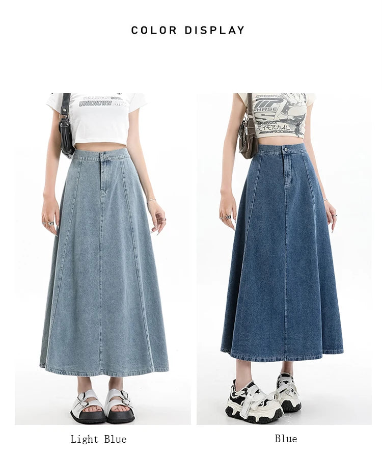 Long Denim Skirt Women 2024 Spring Summer New Arrivals High Elastic Waist A Line Jeans Skirts Korean Fashion Casual Blue Skirts