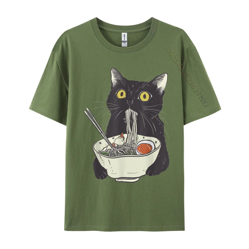Funny Cat Eating Ramen Vintage Japanese Noodles Geek Normal All Cotton Mens Tops T Shirt Casual Tees 2024 Hot Sale T Shirts