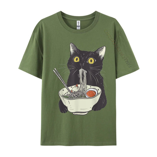 Funny Cat Eating Ramen Vintage Japanese Noodles Geek Normal All Cotton Mens Tops T Shirt Casual Tees 2024 Hot Sale T Shirts