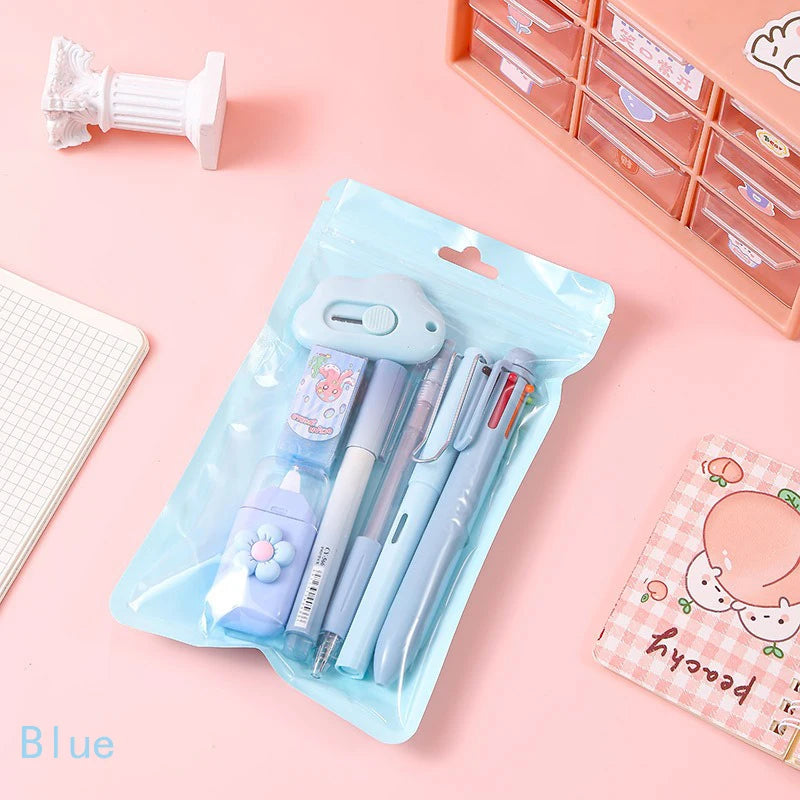 7-Piece Kawaii Korean Stationery Set – Cute Essentials for Students, Office & Study with Souvenir-Style Charm