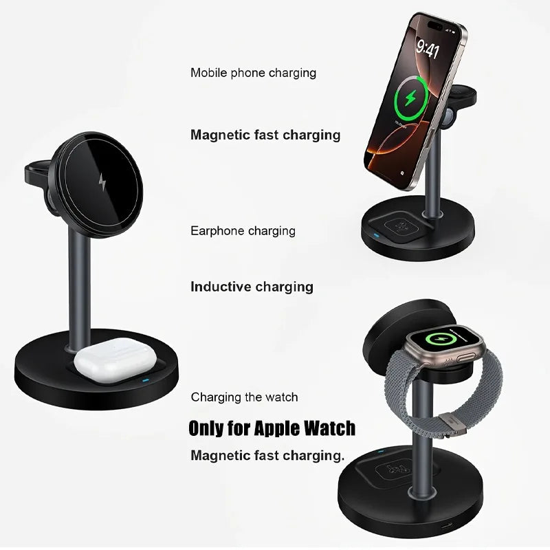 3 In 1 Magnetic Wireless Charger Adjustable Stand For iPhone 16 15 14 13 Pro Max iWatch 10 9 8 AirPods Pro Fast Charging Station