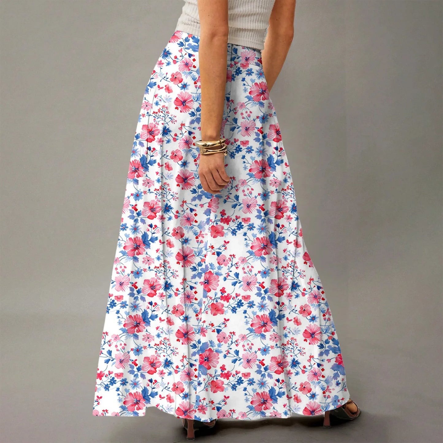 Women's Straight Skirt Casual Summer Floral Print Bohemian Skirt Flowing Maxi Skirts with pockets High waist Elastic skirt