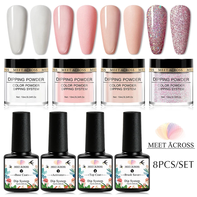 8 Colors Dip Powder Nail Set – Classic Nude Pink & Glitter Collection for DIY Salon Nails