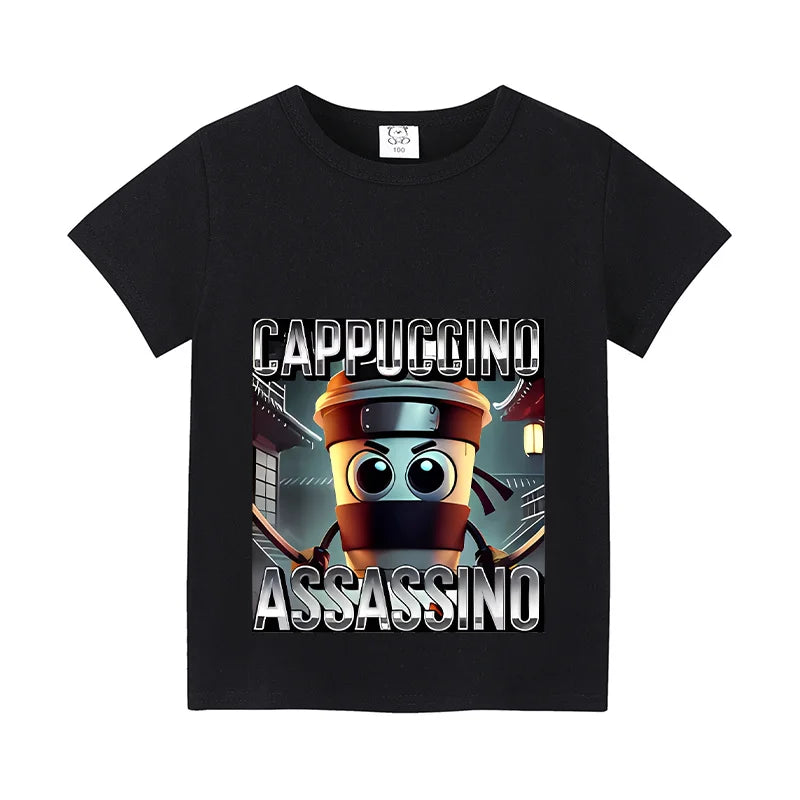 Italian Brainrot Animals Kids Cotton T-shirt Cappuccino Assassino  Tops for Kids Funny Cartoon Print Cute Tee Summer Clothing