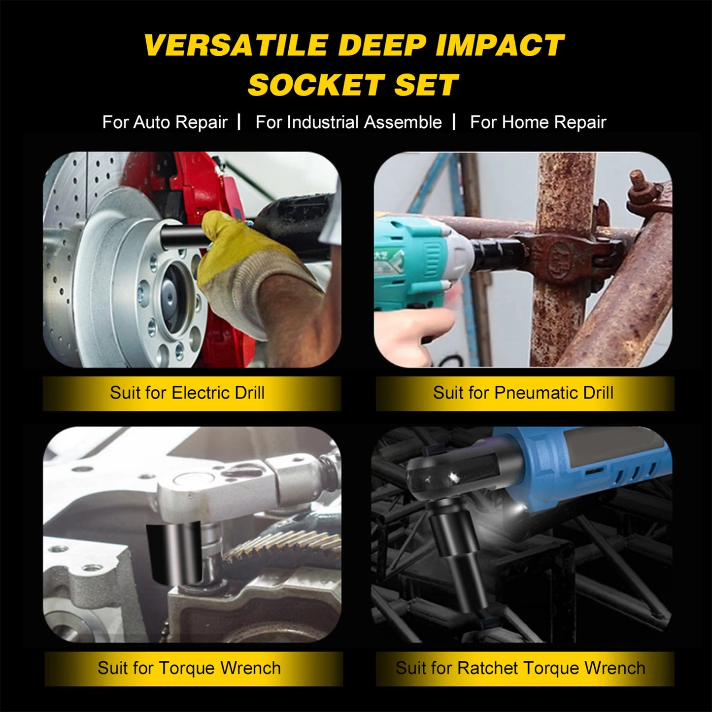Socket wrench set, universal socket wrench set, deep-slot socket wrench set, pneumatic maintenance tool wrench 10-piece set
