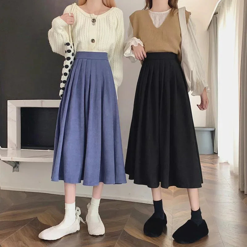 Xpqbb Korean Style Women's Midi Skirt 2025 Autumn High-Waisted Corduroy Long Skirt Women College Style Pleated A-Line Skirts