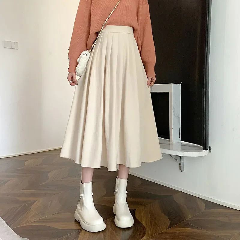 Xpqbb Korean Style Women's Midi Skirt 2025 Autumn High-Waisted Corduroy Long Skirt Women College Style Pleated A-Line Skirts