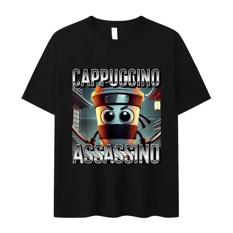 Italian Brainrot Fun Cappuccino Assasino Meme Men's Kawaii Short sleeved T-shirt Summer Round Neck 100% Cotton T-shirt
