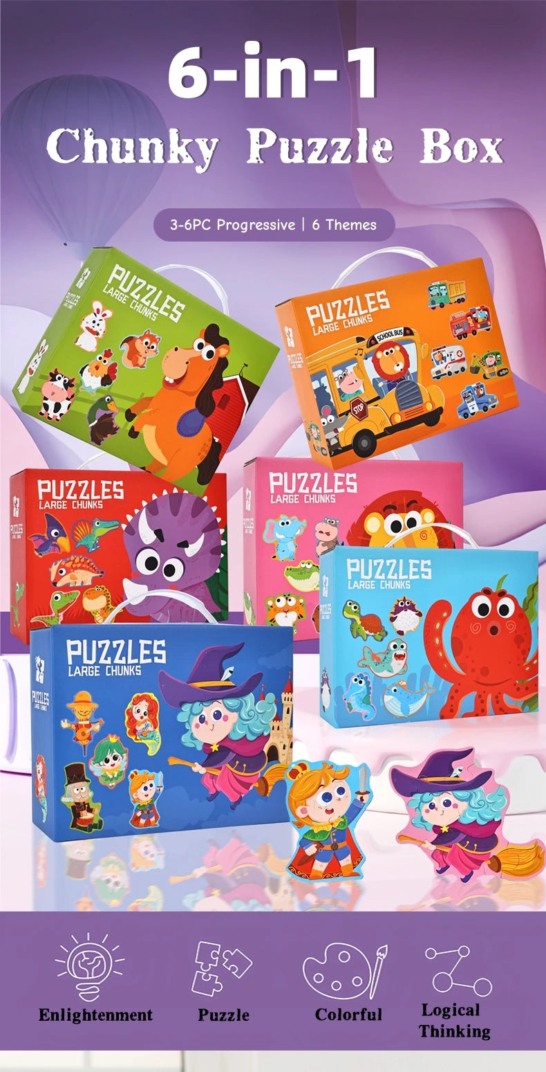 Six-In-One Puzzle Gift Box, Kidsren's Early Education Educational Toys for Beginners, Advanced Difficulty Puzzles, Fairy Tales, Animals, Ocean, Transportation, Dinosaur Multi-Theme Fun Interactive Activity Games, Gifts for Bo