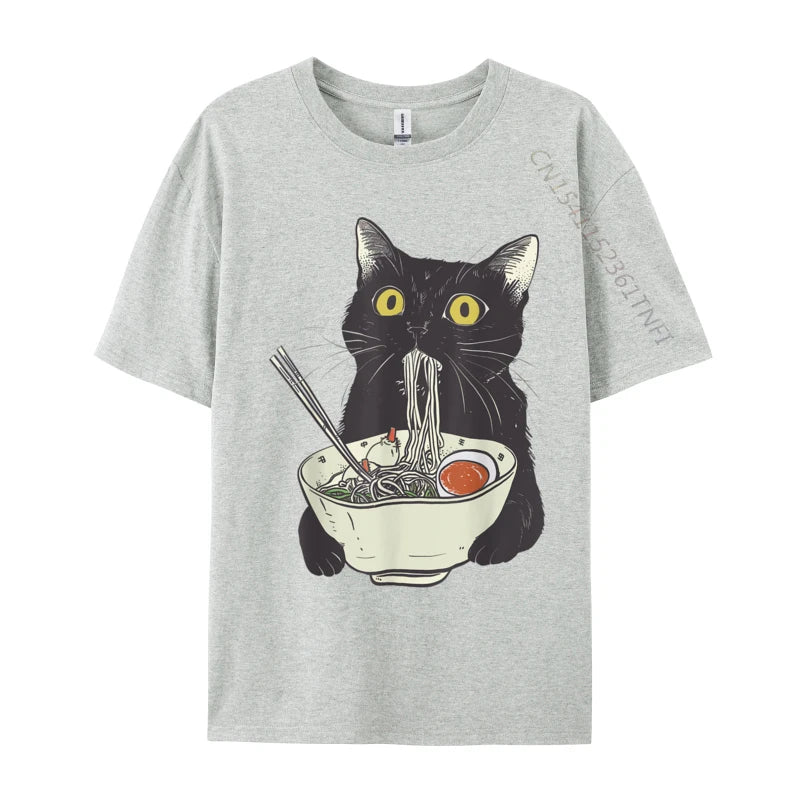 Funny Cat Eating Ramen Vintage Japanese Noodles Geek Normal All Cotton Mens Tops T Shirt Casual Tees 2024 Hot Sale T Shirts