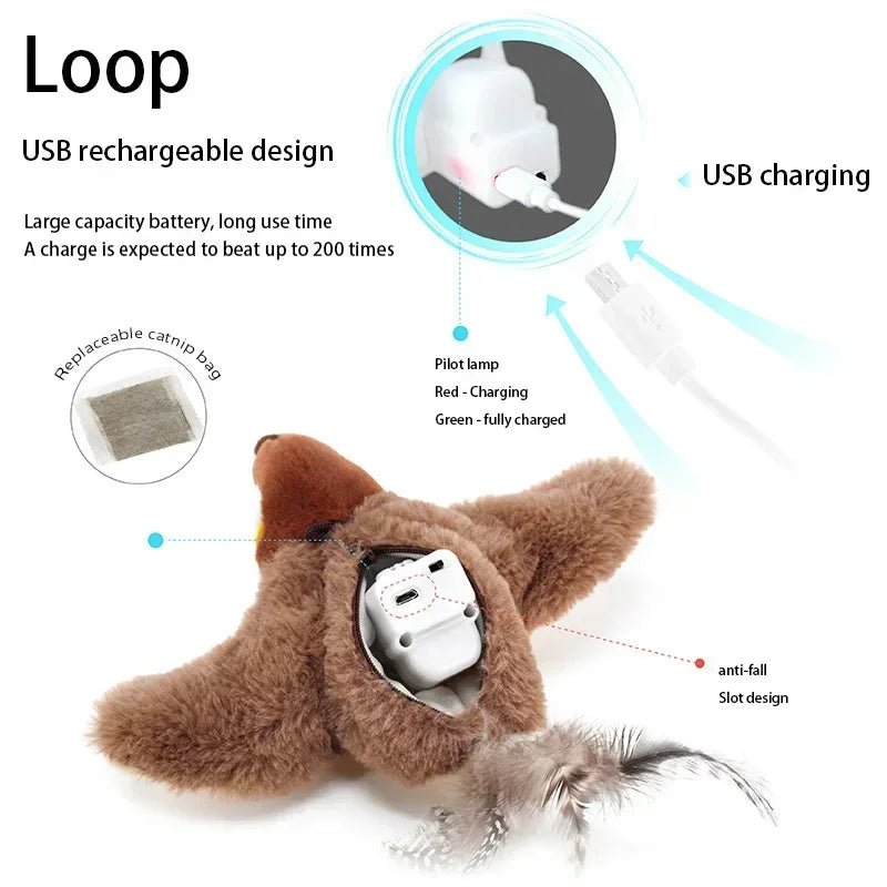 Interactive Cat Toys Rechargeable Flying Bird Rat Cat Toy Chirping Flapping Bird Can Add Catnip Touch Activated Plush Kitten Toy