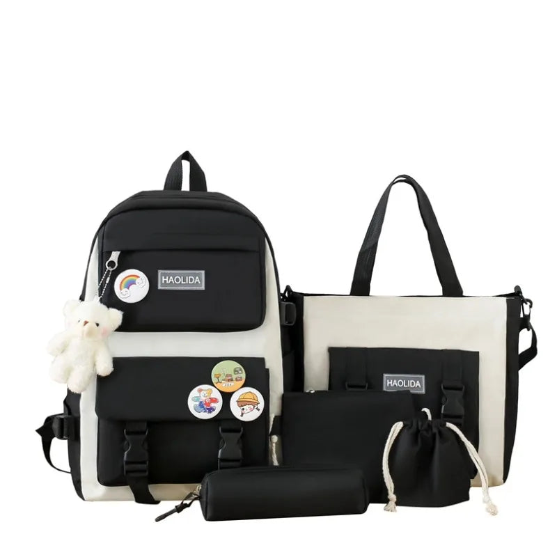 Autumn New Canvas Backpack Women's Korean Version Large Capacity Five-Piece Set Middle School Student Backpack College Student S