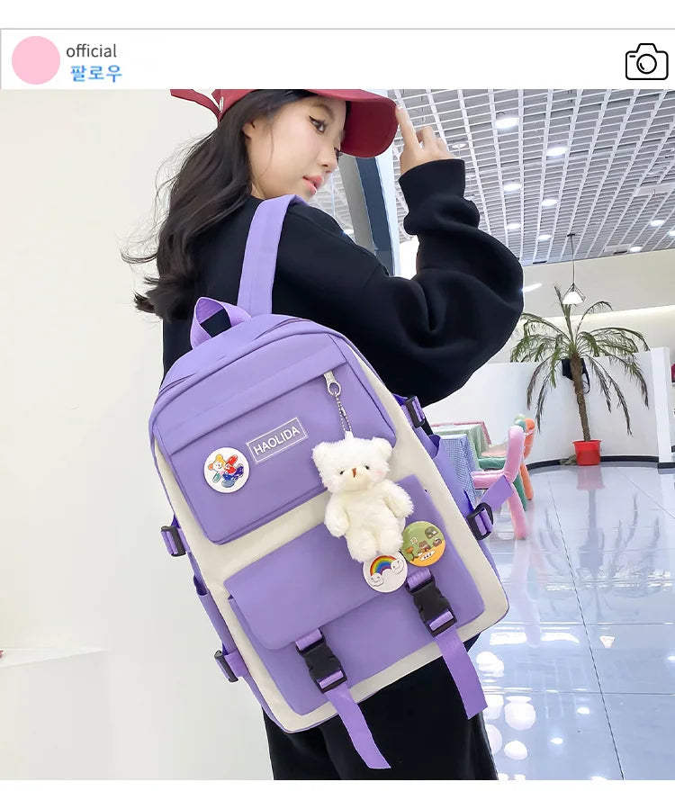 Autumn New Canvas Backpack Women's Korean Version Large Capacity Five-Piece Set Middle School Student Backpack College Student S