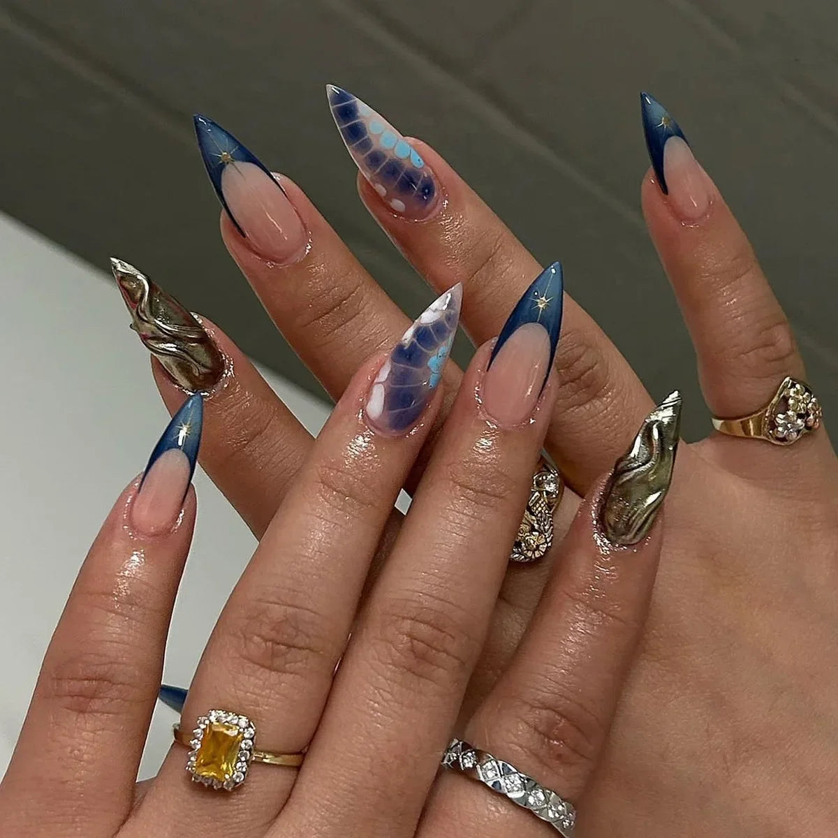 24PCS Almond Stiletto Press-On Nails – French Design with Metallic Shine & Glue Included