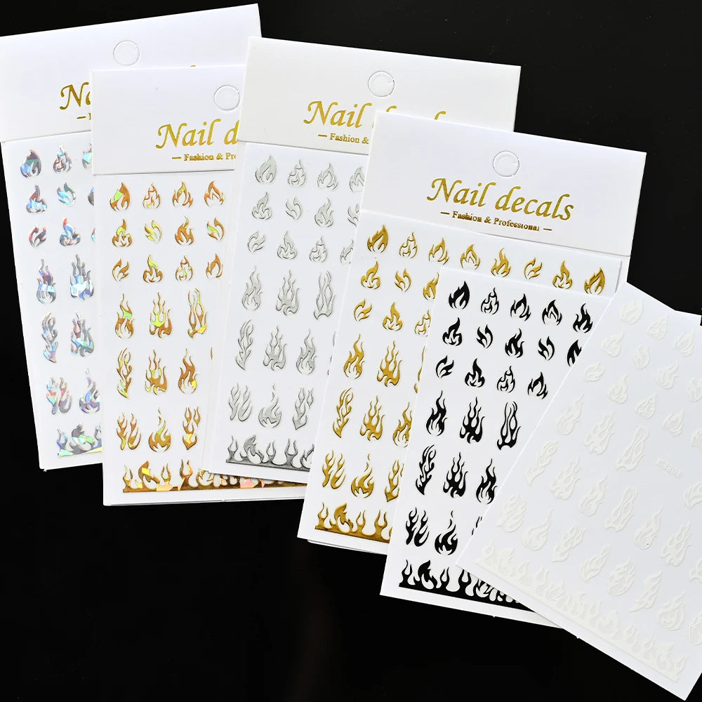 Glitter Flame Nail Art Set – Self-Adhesive Silver Stickers with Butterfly Foil for Manicure Magic