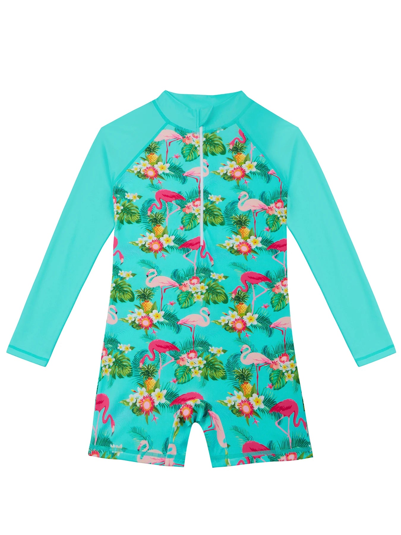 Cyan Color One-Piece Swimwear Kids Girl Long-Sleeved Flamingo Print Swimsuit Beach Water Play Summer Swimming Suit Boyleg Shorts