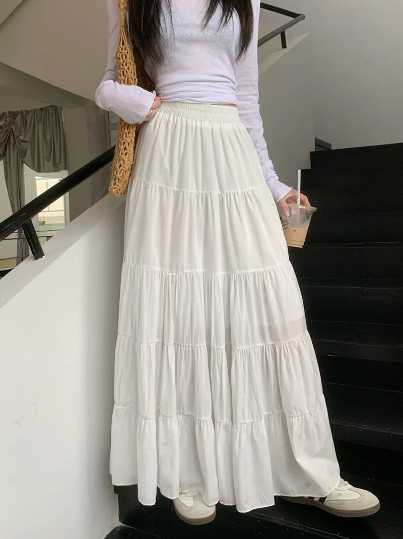 Summer High Waist White Mini Skirt Women Fashion Korean Patchwork A-Line Skirts Female Summer Solid Elegant All-Match Long Skirt