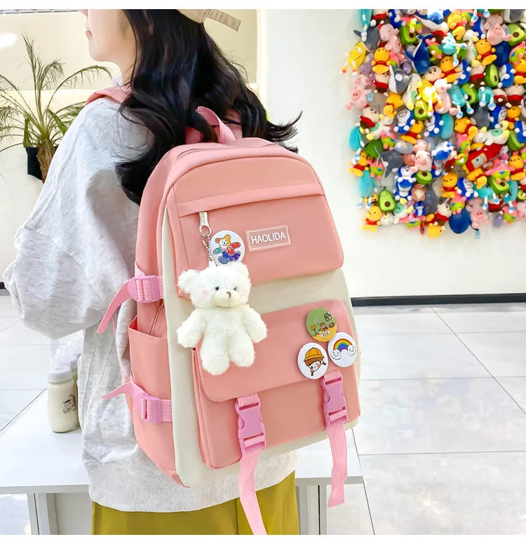 Autumn New Canvas Backpack Women's Korean Version Large Capacity Five-Piece Set Middle School Student Backpack College Student S