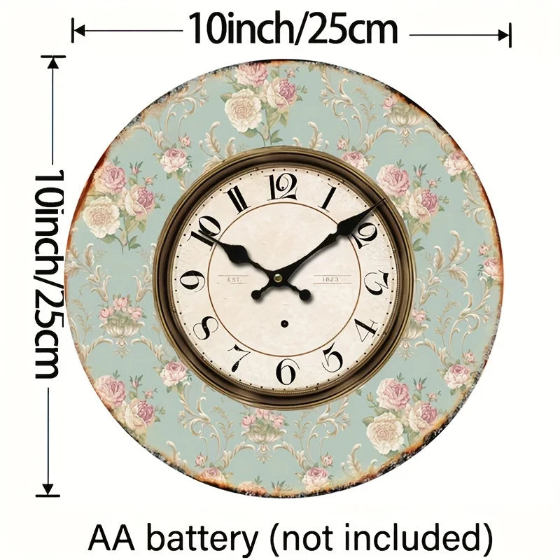 1pc Floral Round Wall Clock For Home Decor Living Room Rustic Clock Retro Clock AA Battery (not Included)